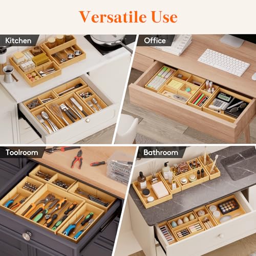 Lifewit Drawer Organizers 5 Pack(11 Grid) with 6 Inserts | Adjustable Bamboo Wooden Trays for Utensils, Silverware, Makeup, Kitchen, Bathroom, Office, Vanity Storage
