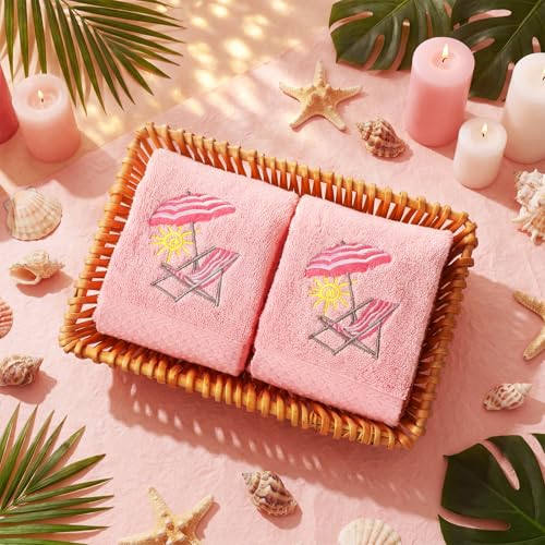 SmoothNovelty 2 Pcs Beach Chair Hand Towels Pink Bathroom Decor 14x29 Inch Embroidered 100% Cotton Soft Absorbent Spring Summer Decorative Hand Towels for Bathroom Kitchen - style: Cute Beach Chair