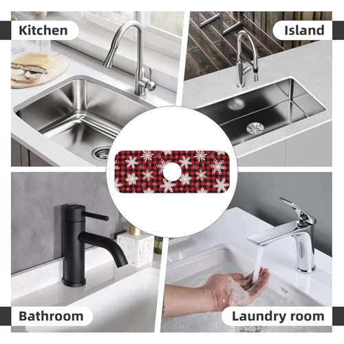 Snowflake Christmas Red Buffalo Plaid Kitchen Sink Splash Guard Faucet Mat Super Absorbent Fast Drying Mat Sink Gadgets-Fast Drying Pad Sink Mat For Kitchen Bathroom (15" X 5.5" ) - color: Snowflake Christmas Red Buffalo Plaid