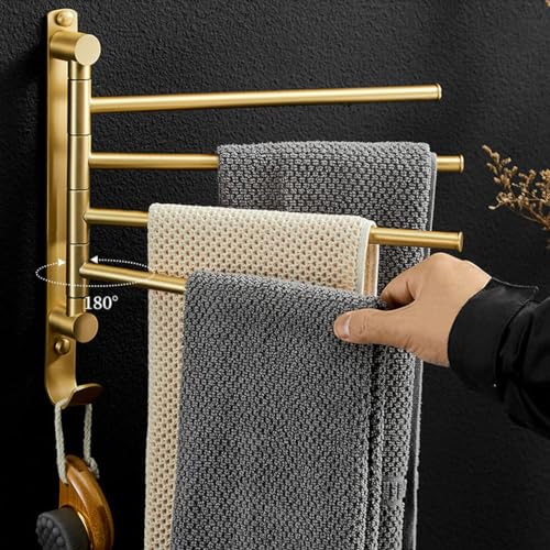 ZHOUXIAO Premium Brass Swing Out Towel Bar Holder Wall-Mounted/Swivel Towel Rack Hanger Organizer for Bathroom, 4-Bar Towel Bar Folding Arm Swivel Hanger Bathroom Storage Brushed Gold