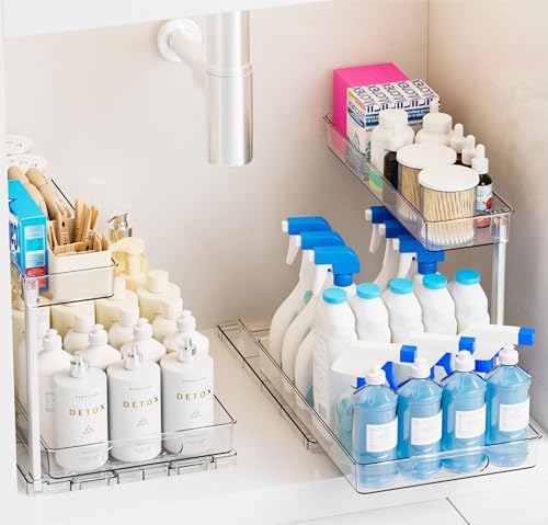 2 Pack 14.6″ Deep Pull Out Under Sink Organizer,12.8″ High 2 Tier Slide Out Cabinet Organizer for Kitchen Cabinet,Undersink Organizers,Under Sink Shelves,Bathroom Organizers and Storage,Clear - size: 12.8 In High