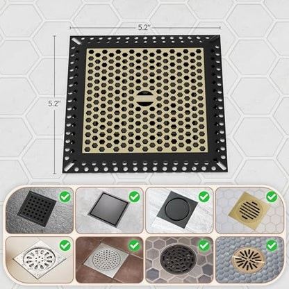 Not Moving Square Shower Drain Hair Catcher, Drain Cover, 4 inch | 304 Stainless Steel and TPE Material/ Efficient Drainage / Easy Clean / Anti-Clogging / Fits Bathroom Hair Catcher for Shower - color: Matte Black & Brushed Gold, size: 4 inch