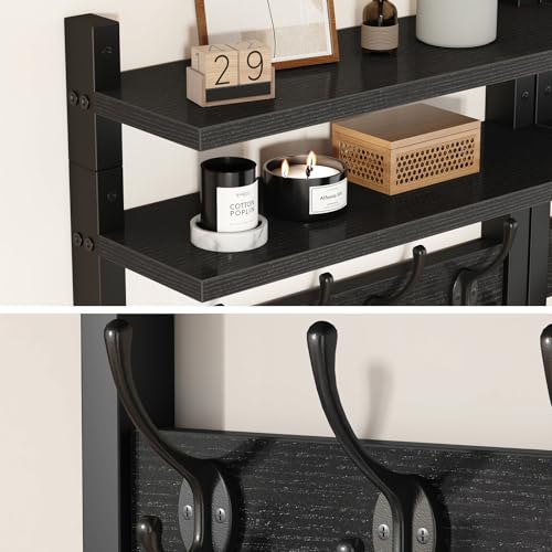 YMYNY Double Shelf Coat Rack Wall Mount with 8 Hooks, Black HWS009B-2 | Wooden Coat Hanger Key Holder Wall Mount for Coats Hats Keys - Wood Wall Mounted Coat Rack with Shelf for Entryway & Bathroom - color: Black