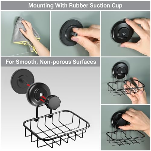 HASKO 2 Pack Suction Cup Soap Dish for Shower Wall, Rustproof Stainless Steel, Shower Soap Holder with Hooks, Includes Optional No Drill Adhesive Mount for Bathroom, 2 Soap Savers, Black - color: Black (2 Pack)