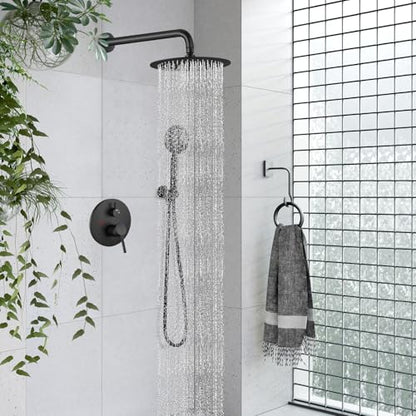 gotonovo High Pressure Shower System Valve and Trim Kit,Matte Black | Round Rain 10 Inch Shower Head with Handheld Faucet Set Complete,Rough In Valve,2-in-1 Diverter,All Metal,Bathroom Wall Mount - color: Black
