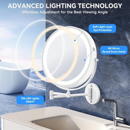 Auxmir 9″ 5000mAh 1X/30X Wall Mounted Lighted Magnifying Makeup Mirror | Power Adapter&2 Tweezers Included/ 3 Dimmable Colors/ Dual Sided Button Control/ Rechargeable/ 360° Rotation Extended Arm - color: 9'' 30x-white+adapter