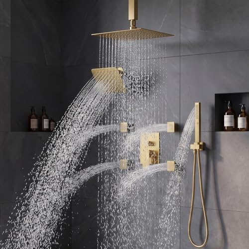 Shower System with Body Jets, Bostingner 4 Way Shower Faucet with 2 in1 Handheld,Ceiling Mount 10 Inch Shower Head and 6 Inch Shower Head,4Pcs Body Jets With Dual Head Shower Set Brushed Gold - color: Gold, size: 6+10 inch