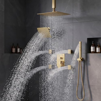 Shower System with Body Jets, Bostingner 4 Way Shower Faucet with 2 in1 Handheld,Ceiling Mount 10 Inch Shower Head and 6 Inch Shower Head,4Pcs Body Jets With Dual Head Shower Set Brushed Gold - color: Gold, size: 6+10 inch