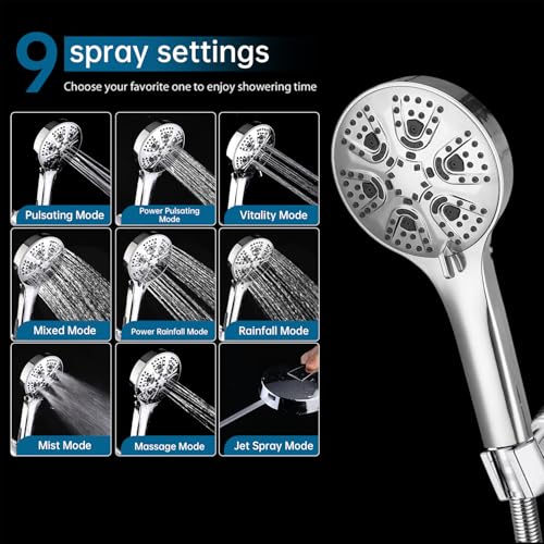 Shower Head with Handheld Spray Combo 2 in 1 Rainfall High Pressure with 59" Rotatable Stainless Steel Hose 9 Spray Modes Detachable Silver - color: Silver