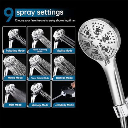 Shower Head with Handheld Spray Combo 2 in 1 Rainfall High Pressure with 59" Rotatable Stainless Steel Hose 9 Spray Modes Detachable Silver - color: Silver