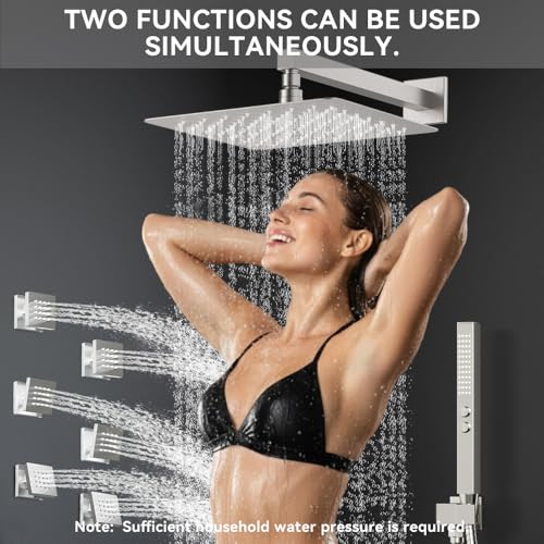 Brushed Nickel Shower System with Body Jets, STARBATH 12 Inch Rainfall Shower and Handheld Spray, Wall Mounted Full Body Shower System Rough-in Mixer Pressure Balance Valve Shower Faucet Set Complete - color: Brushed Nickel, size: 12 Inch