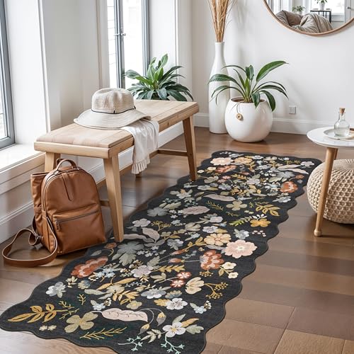 2x5 Rug Runner Non-Slip Washable: Scalloped Floral Small Entryway Rug Black | Boho Low-Pile Thin Carpet Runner for Hallway Kitchen Bedroom - Soft Easy Clean Throw Accent Door Mat for Home Decor - color: Black, size: 2' x 5' (Runner)