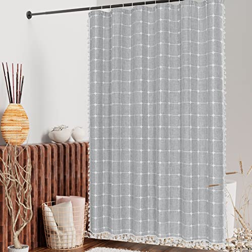 Boho Farmhouse Classic Plaid Linen Tassel Shower Curtain Grey,72x72 | 310GSM Linen Blend Heavy Duty Cloth,3-side Tassels,Wrinkle Resistant,Rustic Bohemian Farmhouse charm,Water Repellent,12 Hooks - color: Grey, size: 72"W x 72"L (Pack of 1)