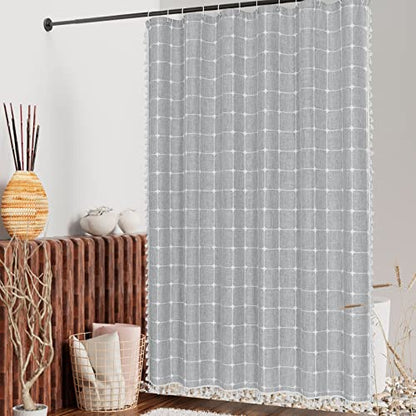 Boho Farmhouse Classic Plaid Linen Tassel Shower Curtain Grey,72x72 | 310GSM Linen Blend Heavy Duty Cloth,3-side Tassels,Wrinkle Resistant,Rustic Bohemian Farmhouse charm,Water Repellent,12 Hooks - color: Grey, size: 72"W x 72"L (Pack of 1)