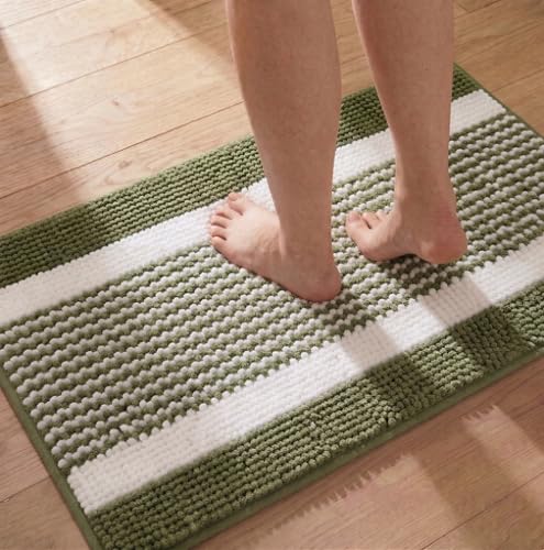 Bath Mats for Bathroom Non Slip Washable, Absorbent Quick Dry Bathroom Mat with Durable Hot Melt Adhesive Backing, Chenille Floor Mat for Tub, Shower, Sink, Medium(30" x 18"), Green&White Block Stripe - color: Green & White Block Stripe, size: 1'6" x 2'6"