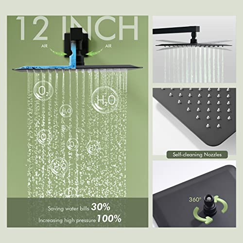 Shower System with Body Jets,Bostingner Shower Faucet Sets 12" Rain Shower Head with Handheld Spray, Can Use at Same Time, Push Button Diverter Shower Sets Complete, Matte Black - color: Matte Black, size: 12 Inch