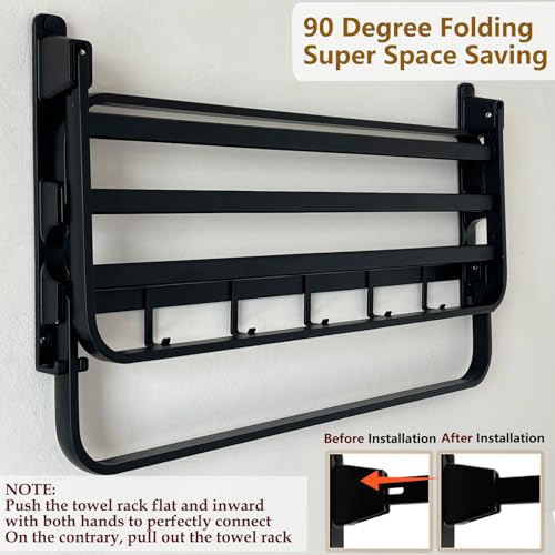 24in Towel Racks Shelf for Bathroom Wall Mounted with 2 Bar for Hotel,Black | Double Space Saving Foldable Rustproof Painted Aluminum L-Shape 2 Bars Modern - size: 2 Tier