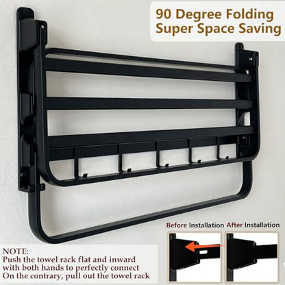 24in Towel Racks Shelf for Bathroom Wall Mounted with 2 Bar for Hotel,Black | Double Space Saving Foldable Rustproof Painted Aluminum L-Shape 2 Bars Modern - size: 2 Tier