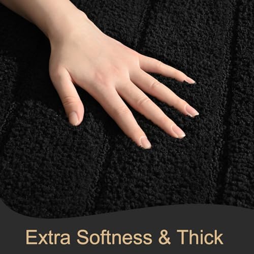 Luxury Long Bathroom Runner Rugs 24x60 Inch Bath Rug Non Slip, Black | Thick Soft and Absorbent Microfiber Bath Mat, Rubber Backing Striped Rug Carpets, Machine Washable Plush Mats - color: Black, size: 24" X 60"