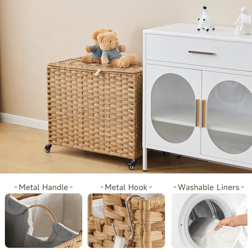 Laundry Hamper with Wheels, 34.3 Gallon(130L) Rolling Laundry Basket with Lid, Removable Large 2 Color Liners & 3 Mesh Laundry Bags, Clothes Hamper with Side Pocket, Natural - color: Natural, size: 23.62"L x 15.75"W x 21.65"H