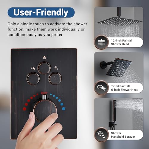 Thermostatic Dual Shower System, Oil Rubbed Bronze Shower Faucet | 12 Inch Ceiling Rainfall Shower, 6 Inch Wall Mount Head, High Pressure Handheld Sprayer, Push Button Valve - color: Oil Rubbed Bronze
