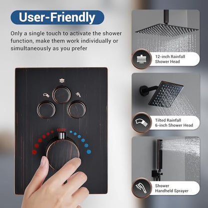 Thermostatic Dual Shower System, Oil Rubbed Bronze Shower Faucet | 12 Inch Ceiling Rainfall Shower, 6 Inch Wall Mount Head, High Pressure Handheld Sprayer, Push Button Valve - color: Oil Rubbed Bronze