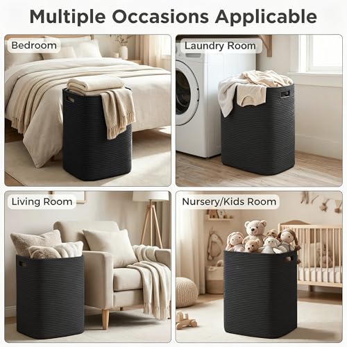 Large Laundry Hamper 16"x13"x22" - Tall Woven Laundry Basket, Cotton Rope Dirty Clothes Hamper, Baby Kids Nursery Wicker Laundry Basket, Bedroom Aesthetic, Soft Laundry Bin, Black Hamper, 75L - color: Black