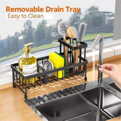 Black Sponge Holder for Kitchen Sink, Sink Caddy with Brush Holder Self-draining Sponge, Sturdy Rustproof Stainless Steel Kitchen Countertop Organizer for Soap Dispenser - style: Style 1