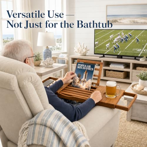 EcoDecors Expandable Teak Bathtub Tray Caddy – Adjustable Wooden Bath Tub Tray with Wine Glass Holder, Book & Tablet Stand, Spa Bath Caddy Organizer, Waterproof Solid Teak Bath Shelf