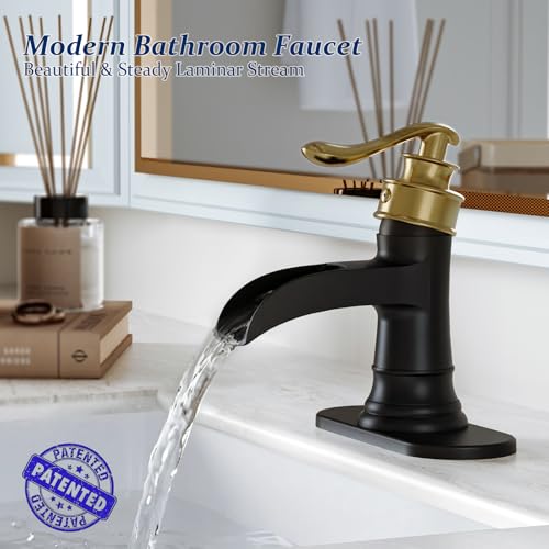 BWE Solid Bass Waterfall Bathroom Sink Faucet, Black & Gold for Farmhouse | Wide Waterfall Spout, Ceramic Cartridge, Fits 1 or 3-Hole Sink, Single Handle, Hardware Kit Included, Not for Vessel Sink - color: Black & Gold