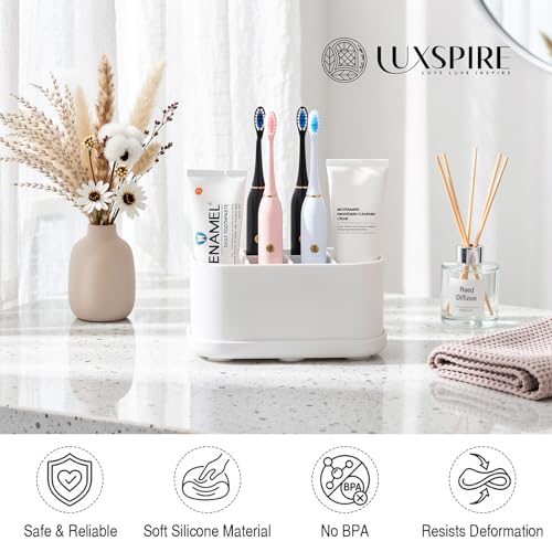 Luxspire Toothbrush Holders for Bathrooms, Silicone, 5 Slots, White | Toothbrush Organizer with Suction Cup Tray, Toothbrush Holder with Drainage for Bathroom Countertop - color: White