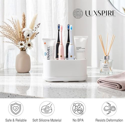 Luxspire Toothbrush Holders for Bathrooms, Silicone, 5 Slots, White | Toothbrush Organizer with Suction Cup Tray, Toothbrush Holder with Drainage for Bathroom Countertop - color: White