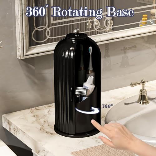 Toothbrush and Toothpaste Holders with Cover, Solid Black | Waterproof and Dustproof, 360° Rotating Base, Smooth Sliding Door, 3 Slots, for Bathroom Countertop - color: Solid Black