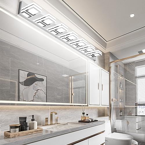 Ralbay 46inch Modern LED Vanity Light Chrome 7 Lights Bathroom Light Fixtures Acrylic Up and Down Bathroom Wall Mounted Lighting Over Long Mirror - color: Chrome, size: 7 Light