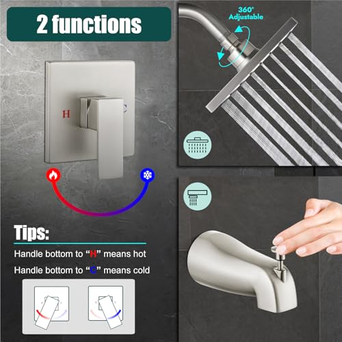 Heyalan 6 Inch Shower Set with Tub Spout and Valve,Brushed Nickel | 6-inch square rainfall head, tub spout with diverter, male-thread rough-in valve, single-handle control and wall-mount design - color: Brushed Nickel, size: 6 Inch Square Shower Head