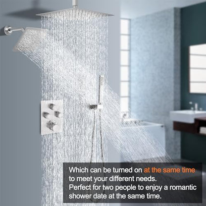 Dual Shower Heads Shower System with 16" Ceiling Mounted Rain Shower Head & 6" Wall Mounted Head Full Body Shower System 3 Way Thermostatic Shower Valve Can All Run Together, Brushed Nickel - color: Brushed Nickel, style: 16inch+6inch