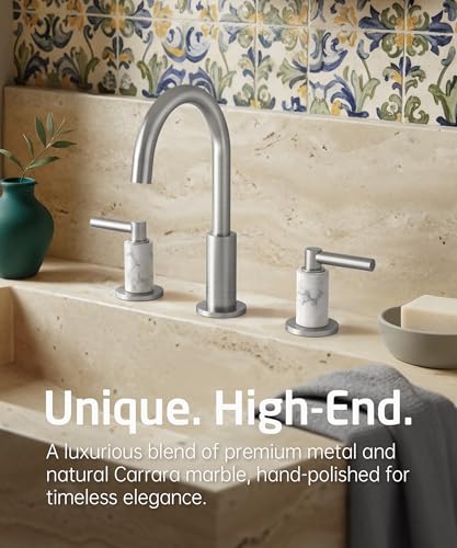 KES Natural Italian Carrara Marble Brushed Nickel Bathroom Faucet 3 Hole with All Metal Pop Up Sink Drain, 8 Inch Widespread Bathroom Sink Faucet for Vanity, 360° Swivel Spout, 18/8 Stainless Steel - color: Brushed Nickel