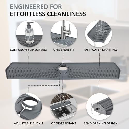 Extra Long Silicone Faucet Mat, 76cm Double-Sided Drain Pad for Kitchen Sink & Bathroom, Flexible Splash Guard with Center Hole, Non-Slip, Easy to Clean, Fits Most Faucets (Grey) - color: Gray