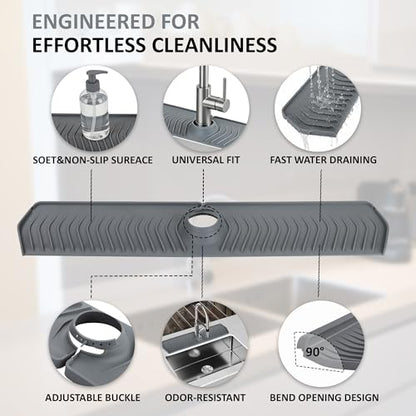 Extra Long Silicone Faucet Mat, 76cm Double-Sided Drain Pad for Kitchen Sink & Bathroom, Flexible Splash Guard with Center Hole, Non-Slip, Easy to Clean, Fits Most Faucets (Grey) - color: Gray