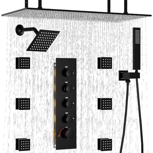 HOMEDEC 15.7x31.5" Ceiling Mounted Rainfall and 6" Wall Mounted Shower Heads with 6 Body Jets, Dual Shower Head System Rain Shower Faucet Set, Black - color: Black, style: 4-Way + 1x 6" Top
