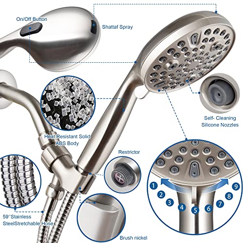 High Pressure Handheld Shower Head, 10-Setting Showerhead, 4.7”Detachable Showerhead Set with 5ft Hose, Adjustable Bracket and Built-in Power Wash to Clean Tub, Tile & Pets - Brush Nickel - color: Brush Nickel