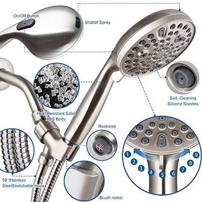 High Pressure Handheld Shower Head, 10-Setting Showerhead, 4.7”Detachable Showerhead Set with 5ft Hose, Adjustable Bracket and Built-in Power Wash to Clean Tub, Tile & Pets - Brush Nickel - color: Brush Nickel