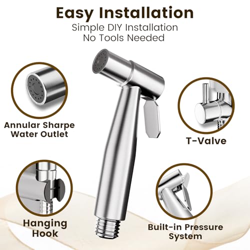 Handheld Jet Sprayer Bidet Sprayer for Toilet Cloth Cleaning | Brushed Nickel, Adjustable Water Pressure, 304 stainless steel, Leak-free, Easy Installation, for Feminine Wash, Baby Cloth