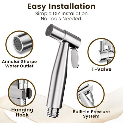 Handheld Jet Sprayer Bidet Sprayer for Toilet Cloth Cleaning | Brushed Nickel, Adjustable Water Pressure, 304 stainless steel, Leak-free, Easy Installation, for Feminine Wash, Baby Cloth
