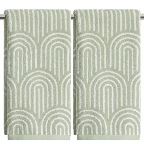 Artoid Mode 2 Pcs Beige Green Arched Stripes Jacquard Hand Towels for Bathroom, 100% Cotton Soft Absorbent Bathroom Decor Towels, 13.7 x 29.5 Inch - color: Beige/Green, size: 13.7" x 29.5", 2PCS