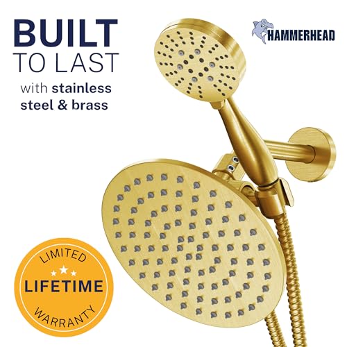 HammerHead Showers® Solid Metal Dual Shower Head Combo – BRUSHED GOLD – 8 Inch Rainfall High Flow Shower Head & 3-Flow Handheld Shower Head High Pressure with Hose 6ft - Luxury Double Shower Heads - color: Brushed Gold, size: 2.5 GPM Standard