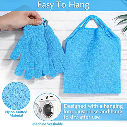 Anezus Exfoliating Back Scrubber Bath Gloves Set, Exfoliating Shower Towel with Shower Gloves for Body Scrub, Back Cleaner Wash Gloves to Remove Dead Skin (Blue) - color: Blue