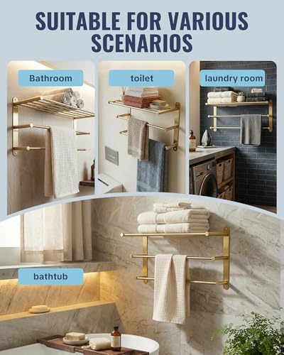 24 Inch Towel Racks for Bathroom: Brushed Gold Towel Rack with Double Towel Bar Wall Mounted - SUS304 Stainless Steel Bath Towel Holder with Shelf for Hotel Lavatory - color: Brushed Gold