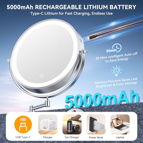 Auxmir 10″ 5000mAh 1X/30X Wall Mounted Lighted Magnifying Makeup Mirror | Double‑Sided Button, Rechargeable, 3 Dimmable Colors, 360° Rotation, Extended Arm, 30X Magnification, Bathroom, Chrome - color: 10'' 30x-chrome