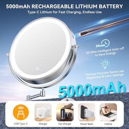 Auxmir 10″ 5000mAh 1X/30X Wall Mounted Lighted Magnifying Makeup Mirror | Double‑Sided Button, Rechargeable, 3 Dimmable Colors, 360° Rotation, Extended Arm, 30X Magnification, Bathroom, Chrome - color: 10'' 30x-chrome